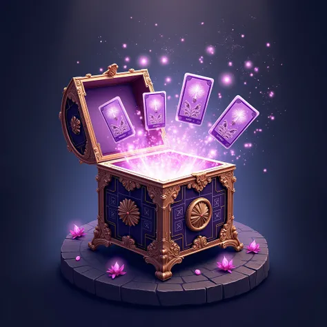 create a logo for my brand "Caixa de Pandora". it has to be an open magic box, esoteric looking, tarot cards, lilac, pink, gold colors, feminine