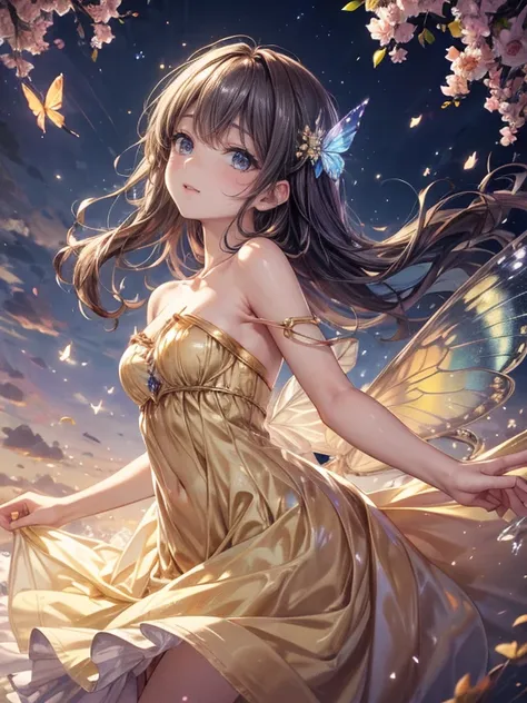  Aerial View,  Masterpiece,  top quality, 8k,  high resolution, Beautiful details, Flower Garden, Gentle sunlight,  The Girl with a Butterfly Heart ,   yellow dress , Shoulders,   Strapless , tears, Iridescent butterfly wings:1.2, Flying Sky:1.2,  Force Pe...