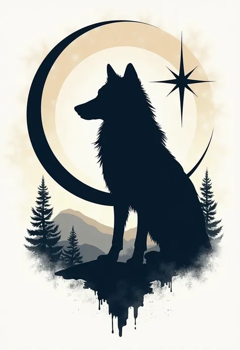 "A t-shirt design with a wolf silhouette inside a circle, crescent, and star