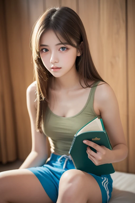 masterpiece, top quality , ultra detail), Portrait of an 18-year-old woman with light brown hair, Green round eyes, blue shorts ( Technical Background ) and reading a brown book - Auto Ultra Realistic