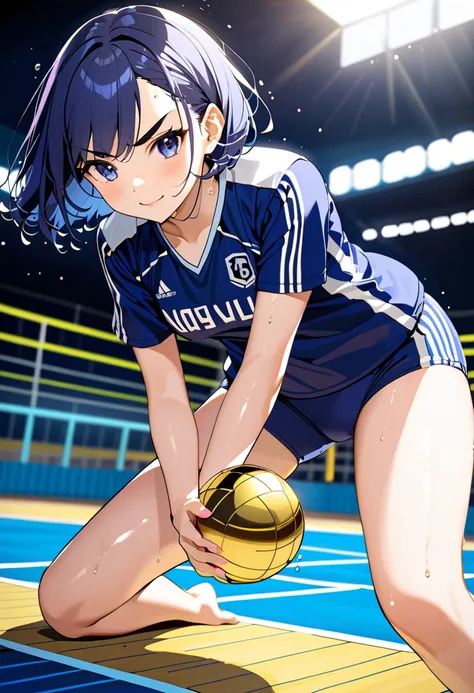 1 girl, (18yo:1.2), (smile:0.8), 
(cute girl,She plays a game of with a shining gold sphere:1.2), (fullbody),gold sphere is wet and liquid is leaking out.,She attack the sphere.
(wearing blue volleyball uniform, navyblue low-leg bloomers(buruma)),a lot of ...