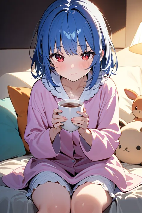 1 girl, masterpiece,  high resolution, accurate,  high detail, 
High school student with short blue hair and striking red eyes, A cozy and relaxing indoor scene featuring a high school girl with short, fluffy blue hair and striking red eyes. She is wearing...