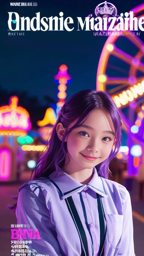 Emma Myers, whole body,  top quality, 1 girl, Alone, Bright purple hair, (Amusement park at night,  magazine cover ),  watches viewers, Intense Perspectives , Playing with the camera, smile,  standing、walk、Cinderella Castle in the background 、 trainer、 sho...