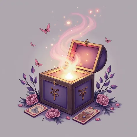 create a minimalistic logo for my brand "Caixa de Pandora". it has to be an open magic box, esoteric and nature looking, tarot cards, lilac, pink, gold, pastel light colors, feminine, 