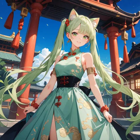 4k anime style, Smooth anime CG, 8k anime, Best quality, High resolution,Superdetail,Perfect light,high resolution, best quality, Accurate, Anatomically Correct, Best Quality, Masterpiece, Award Winning,ager Anime, twintails,light green hair, dark green ey...