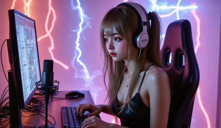 ( Masterpiece、 top quality:1.2)、 Overdoze style cyberpunk illustration featuring dark tones and strong contrasts。 A young Japanese woman wears headphones 、 sits in a gaming chair and plays an electric guitar 。 There is a microphone and computer desk in fro...