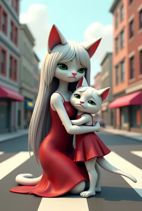 A large anthropomorphic cat, appearing as a young woman with long, light gray hair, is kneeling and embracing a smaller, similarly anthropomorphic white cat. Both are wearing crimson red dresses. The woman's dress is a form-fitting, shoulder-less design, w...