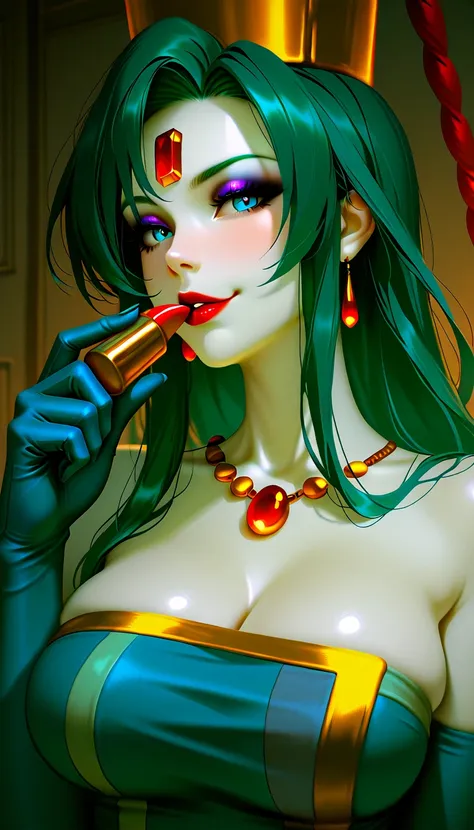  score_9, score_8_ up the side, score_7_ up the side,  Masterpiece,  high resolution,  glittering clothes ,  1 girl, Heavy makeup, Atsugesho,  green hair, white skin , Red gem on forehead, very beautiful woman,large breasts, has 1 lipstick tube near her li...