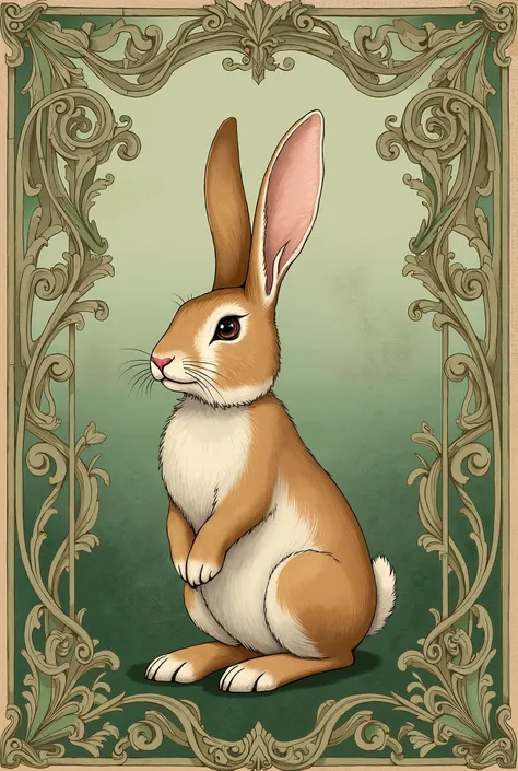 Représentation ancienne de lapin avec un décor avec des volutes dans les tons de vert 