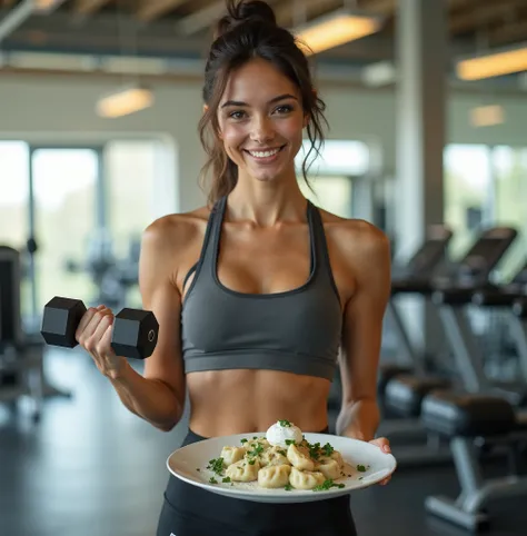 A fit and athletic young woman in stylish sportswear standing in a modern, well-lit gym. She is positioned in the foreground with a confident and playful expression. In one hand, she holds a plate of steaming hot dumplings, garnished with fresh herbs and a...