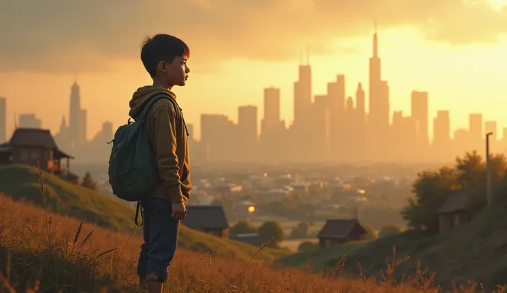 A determined young boy looking at a distant city skyline with ambition in his eyes, standing in a small rural village. The atmosphere is inspiring, with warm golden light symbolizing hope and success