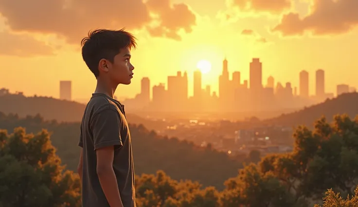 A determined young boy looking at a distant city skyline with ambition in his eyes, standing in a small rural village. The atmosphere is inspiring, with warm golden light symbolizing hope and success