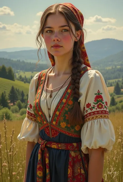 Draw me a girl in a national costume from Šumadija after the example of the painter Alfonso Muhu