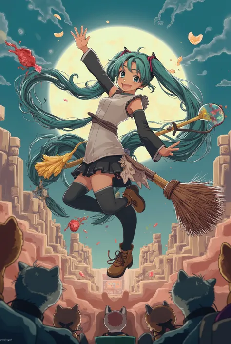 (Masterpiece、最高quality、最高quality、 Official Art、  beautiful and beautiful  :1.2)、( one girl:1.3) Hatsune Miku、 twin tails, beautiful breasts,  1 girl\(Playing guitar with a broom, high school students, intense movement,( Dynamic action :1.3), long braids , ...