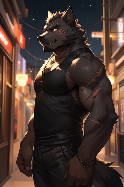 Masterpieces, furry, male, kinky, Anthropomorphic, full body, old age, rugged, black wolf, by nullghost, proper fit body type, Delicate eyes, white goatee, grizzled fur, glistening body, biker, thug, ebony skin, depth of field, warm lighting, bright lighti...