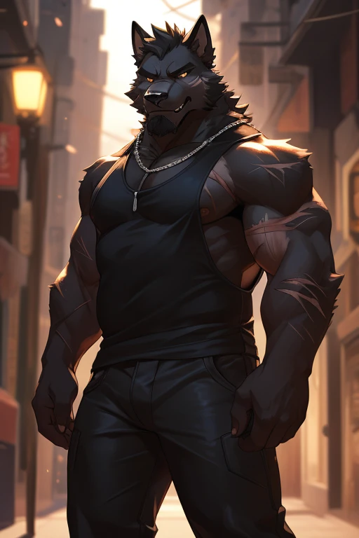 Masterpieces, furry, male, kinky, Anthropomorphic, full body, old age, rugged, black wolf, by nullghost, proper fit body type, Delicate eyes, white goatee, grizzled fur, glistening body, biker, thug, ebony skin, depth of field, warm lighting, bright lighti...