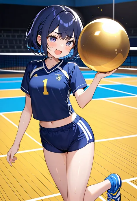 1 girl, (18yo:1.2), (smile:0.8), 
(cute girl,She plays a game of with a shining gold sphere:1.2), (fullbody),gold sphere,
(wearing blue volleyball uniform, navyblue low-leg bloomers(buruma)),a lot of sweat,
on volleyball court, intricate details,  sharp, B...