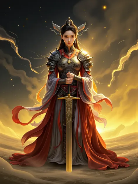 Chinese style, ancient battlefield, an ancient Chinese female general, holding a sword in her hand, grim expression, full body, amazing facial features, red robe, armor, boots, yellow sand in the sky, firelight, game model, stunning lighting, OC rendering,...