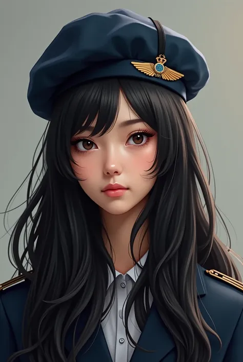 Image of a  wearing a military beret with long black hair for school labels 