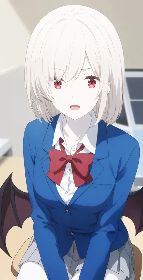  score_9,  score_8_ up the side,  score_7_ up the side,  source_Anime,  high definition , Anna,  1 girl, Alone,  school uniform,  red eyes,  jacket ,  shirt, bow, white  shirt, blue  jacket , collared  shirt,  blazer, red bow,  medium hair , bowtie, bangs,...