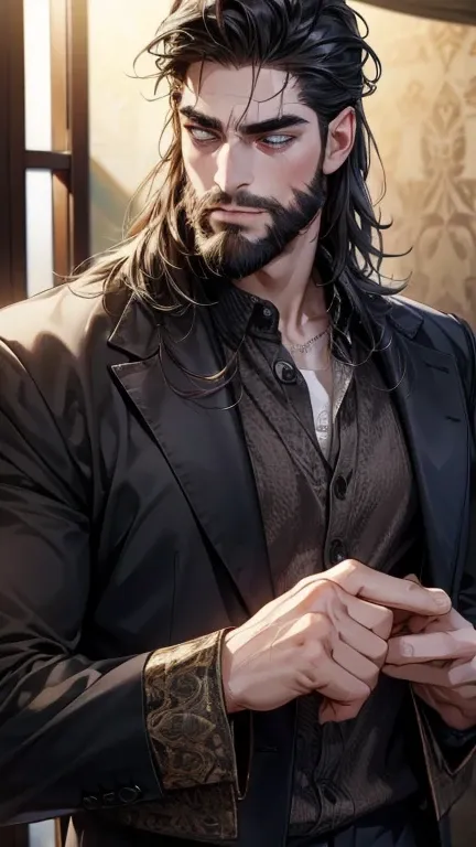 (  best quality,4K,8k,  highres,  masterpiece:1.2),  ultra-detailed  ,(realistic,photorealistic,photo-realistic:1.37),36-year-old man,3 day beard,cute anime ,Portraits,strong,Masculine,  dark hair,sharp jaw,    mesmerizing eyes    ,  perfectly combed hair,...