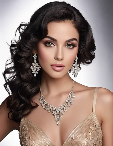 A stunning, real photography of a glamorous and celestial and heavenly and elegant and beautiful and mysterious sensual woman with perfectly symmetrical features, deep almond-shaped eyes with dramatic smoky eyeshadow and shimmer, long curled lashes, and we...