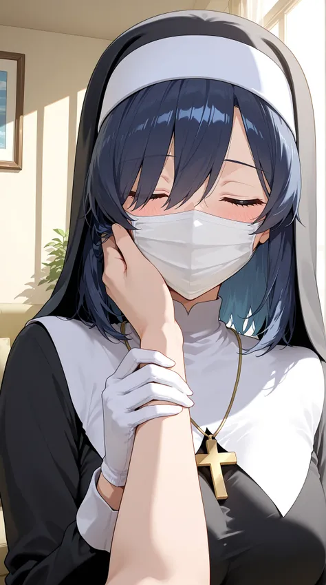 Anime-style character, source_anime, Expressiveh, backlighting, light rays, 1girl, solo, lonely, adult woman, beautiful, A pale anime mature woman, nun (black nun habit, cross necklace, white glove), mouth mask (white mask, fit his face, covered mouth:1.1)...