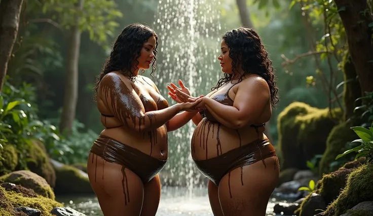  Two sexy full-bodied women in an outdoor shower ,  located in the middle of nature . One of them is in front,  rinsing her hair with her hands , while the other is in profile ,  rubbing her arm as if she were washing .  Both are covered in dark brown foam...