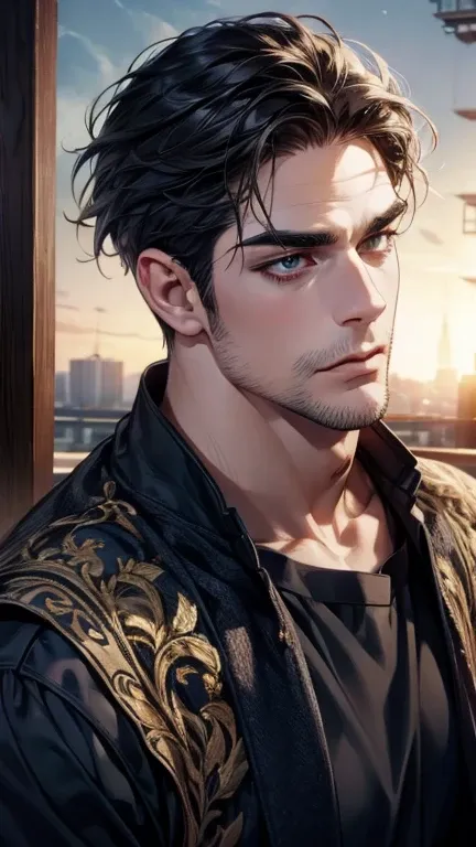 (  best quality,4K,8k,  highres,  masterpiece:1.2),  ultra-detailed  ,(realistic,photorealistic,photo-realistic:1.37),36-year-old man,3 day beard,cute anime ,Portraits,strong,Masculine,  dark hair,sharp jaw,    mesmerizing eyes    ,  perfectly combed hair,...