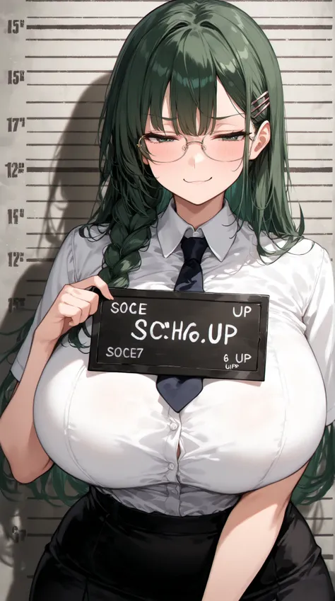 (best quality),1 adult woman, upper body,curvy, huge breasts, long hair ,dark green hair ,side braid , hairclip , glasses ,black short skirt, white short sleeve dress shirt, necktie ,Mugshot, Prisoner  ,smug , half closed eyes, Mugshot Board, Hold the boar...