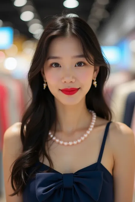 23 year old Japanese housewife  ,  shopping,  Facing forward and looking at the camera ,  full body,  long, straight, dark hair, expensive earrings ,  fine wrinkles at the edge of her eyes ,  gentle look accentuated with bright red lipstick ,  wearing a pi...