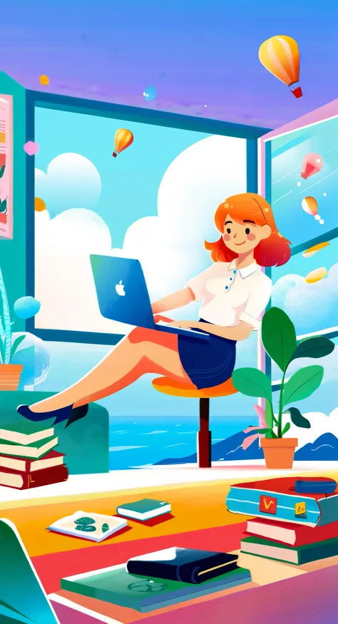 an artwork, LocationInformation, in the style of 2d art, cute and dreamy, editorial illustrations, flat illustration, girl floating in the air, under working space, laptop on the desk, bubble