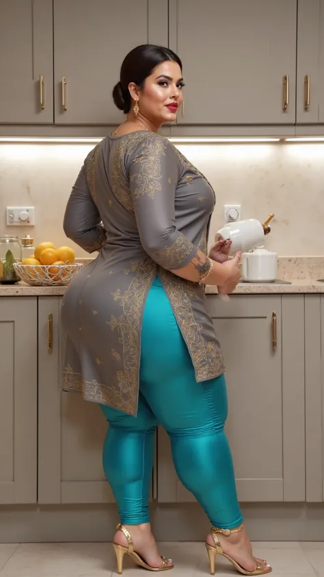 I am 40 year old plus size tall and big giant indian muslim women, looking like indian actress hansika motwani, wearing a gold boarded short hand full length side slit open gray kurti ,and shining reflective glossy cyan short length capri leggings ,golden ...