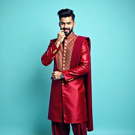 Here’s your refined ultra-realistic HD prompt: **"A handsome young man with actor-like looks, standing confidently in a full-body pose, holding his mustache with one hand. He is wearing a traditional red Punjabi Pathani suit with a stylish shawl draped ove...