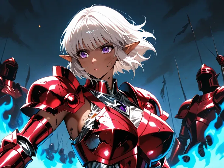 score_9,score_8_up,score_7_up,(masterpiece), ( best quality), １Dark Elf Girl , She is an archer , Dark Skin Tone,  silver hair, short hair, purple eyes, bangs ,big breasts , ((Skin is dirty with soot)) , Girl in Crested ((Shiny and beautiful ruby armor)), ...