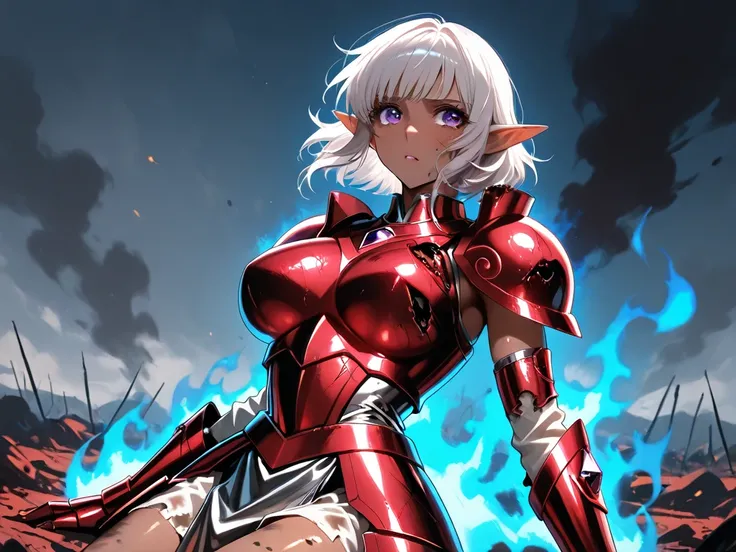 score_9,score_8_up,score_7_up,(masterpiece), ( best quality), １Dark Elf Girl , She is an archer , Dark Skin Tone,  silver hair, short hair, purple eyes, bangs ,big breasts , ((Skin is dirty with soot)) , Girl in Crested ((Shiny and beautiful ruby armor)), ...