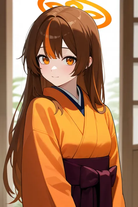 1 girl, Hair length reaches the back, Brown hair and orange on the edges of the hair, orange eyes, but not bright, wear a kimono suit, หน้าอกไซส์ปานกลาง, have a orange halo