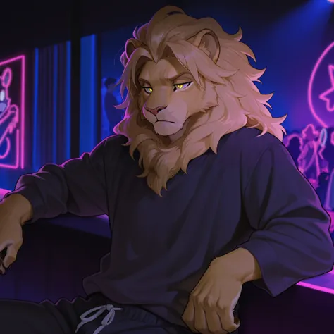 Lion furry, lion mane, man, masculine, yellow eyes, casual clothes, crowded club, neon club, solo, dark, bored, buff.