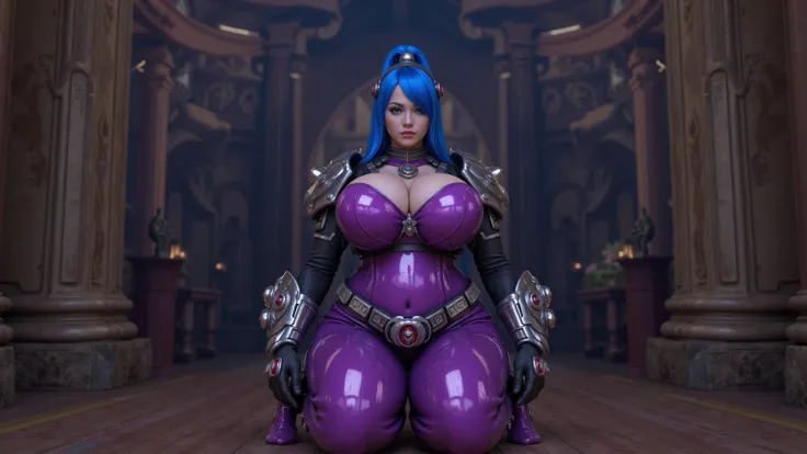 Young Bianca Bouchamp with very large breasts wearing purple armored latex catsuit cosplay  and long blue hair in castle