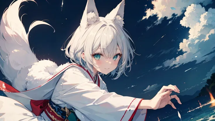   gray hair 、  illuminated in the dark 、 I had hair on one eye、summer、sea、Japanese-style town、 low angle、Cumulonimbus、 slender、  claw pose、smile、   Cool Personality、   boyish、July、  Japanese style clothing、 fox ears、 foxtail 、  high school girl、、 Masterpie...