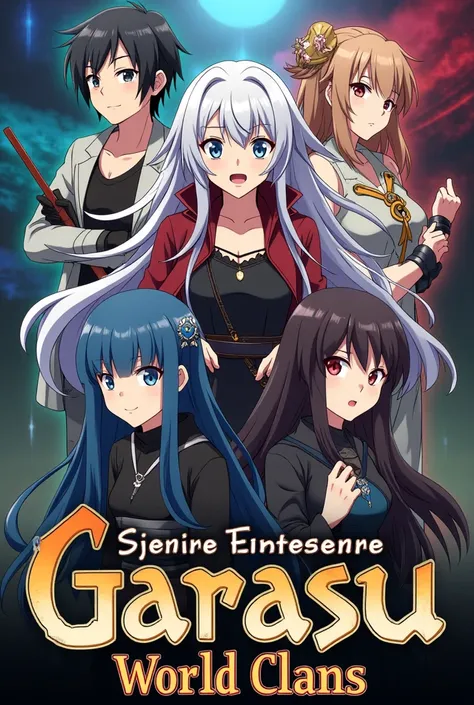 j'aimerais créer une affiche d'anime qui dit
série télévisée gratuite  garasu world clans en lettre japonais.plusieurs personnages en arrière-plan avec la [ Date] [ Heure ] [dvd ]