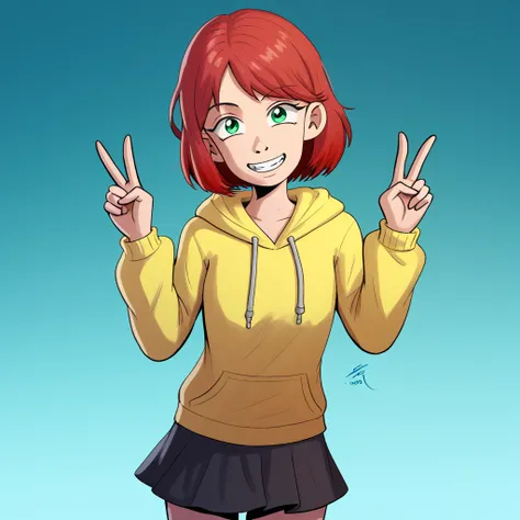  score_9_up, score_8_up, score_7_up, BREAK, JFMstudios, 1girl, solo, red hair, short hair, green eyes, yellow hoodie, black skirt, cowboy shot, double v,  gradient background, smile, neck length hair 