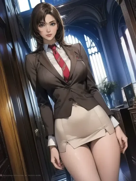    top quality ,    is present ,    tall very detailed   , finely,    high resolution,  8k wallpaper,    Aquarium Building Beauty  ,,     light brown disheveled hair  ,    wearing business suits ,Wearing a slit skirt   、     sharp concentration,     Perfec...