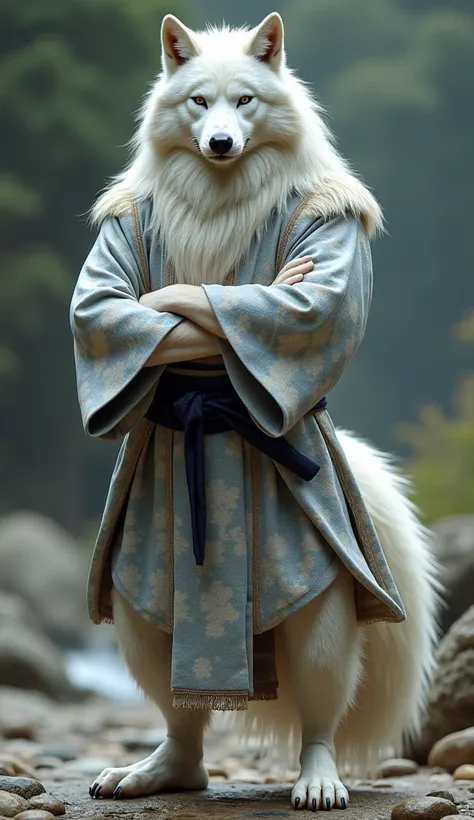   Big white wolf beastman  、  like humans  、 Standing on two legs、  Big wolf beast man wearing a male kimono  、   The background is a beast man standing with his arms crossed on a small rocky area  、Genuine 、   Details、   photos、   high resolution、   high ...