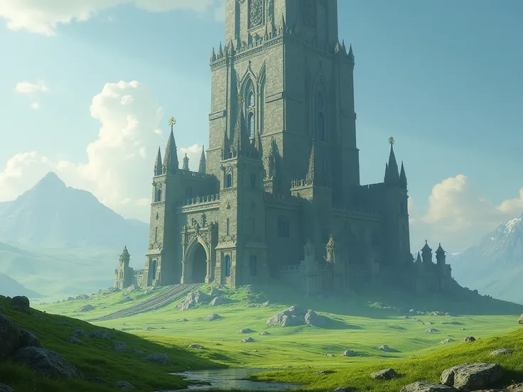 Huge fantasy wizard tower, view from ground close to tower, surrounded by plains of grass