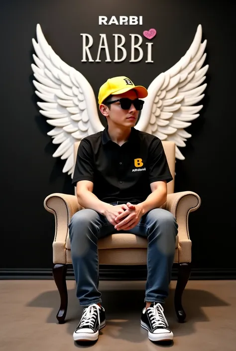 image creator Create a 3D illusion for a Instagram picture where a 's boy in a black shirt dits casually on a wingback chair. wearing sneakers, a yellow cricket cap and sunglasses, he looks ahead. The background featured "RABBi" in big and captain white fo...