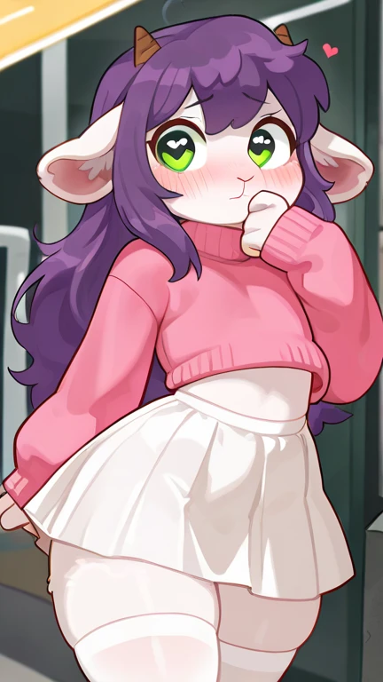 masterpiece, best quality, 1femboy, anthro, wool, wool, fluffy wool,  lamb ears, Anthropomorphic ram-guy, real lamb cones,  white skin,  light skin ,  purple hair  ,  green eyes ,  Long hair,  tousled hair,  flat chest  , pink sweater, white skirt,  white ...