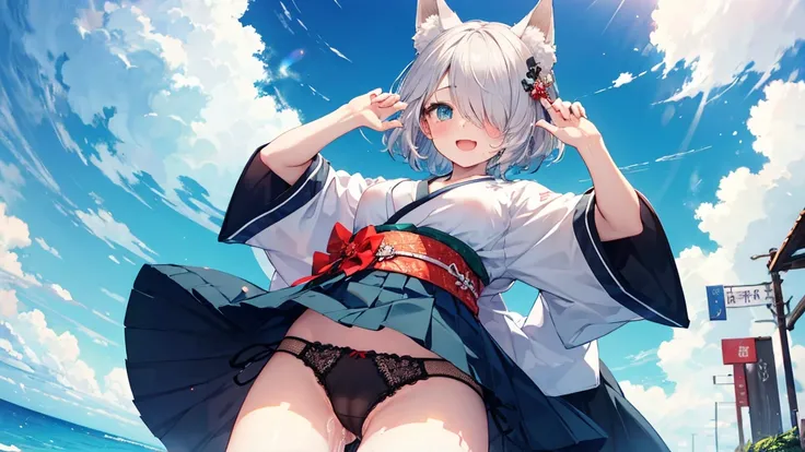   gray hair 、 bare breasts、nipples、 illuminated in the dark 、hair over one eye、summer、sea、Japanese-style town、 low angle、Cumulonimbus、 from below、slender、Pussy juice stain cute pose、smile、   Cool Personality、   boyish、((cum in pussy))、 pussy、open legs wide...