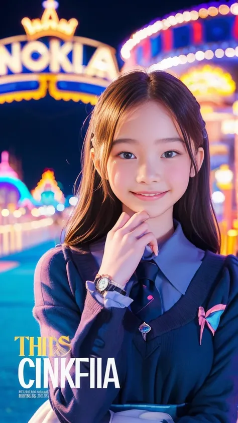 Emma Myers, whole body,  top quality, 1 girl, Alone, (Amusement park at night,  magazine cover ),  watches viewers, Intense Perspectives , Playing with the camera, smile, walk、Cinderella Castle in the background 、 long hair、Tie up your hair、 long hair、