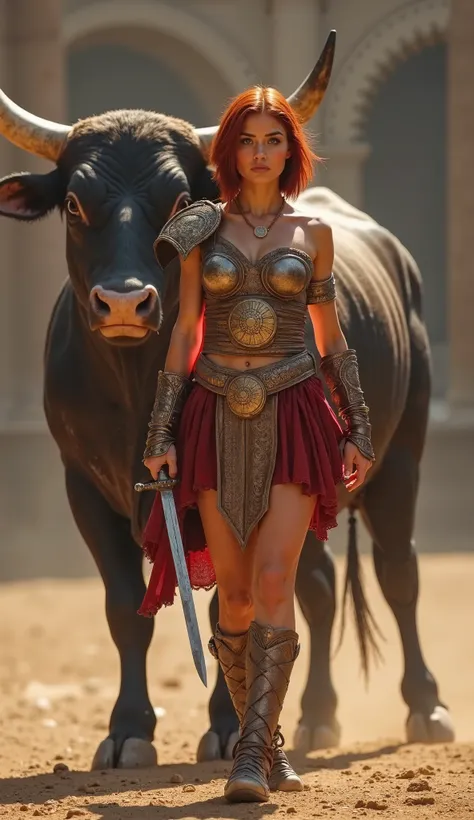 Imagine A Beautiful Short Cut straight Red Hair Spanish Young Woman Gladiator Standing In Dynamic Pose, Wearing Gladiator Outfit, Fighting Gladiator, Holding A Sword In Hand, Blue Eyes, Short Cut Straight Hairs, Unreal Beauty, Spanish White Skin, Highly De...